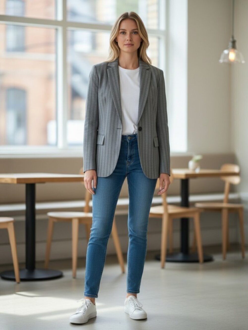 Club Monaco Women Borrem Blazer Grey Blue Stripe Wool Blend Suit Jacket SZ 6 EUC